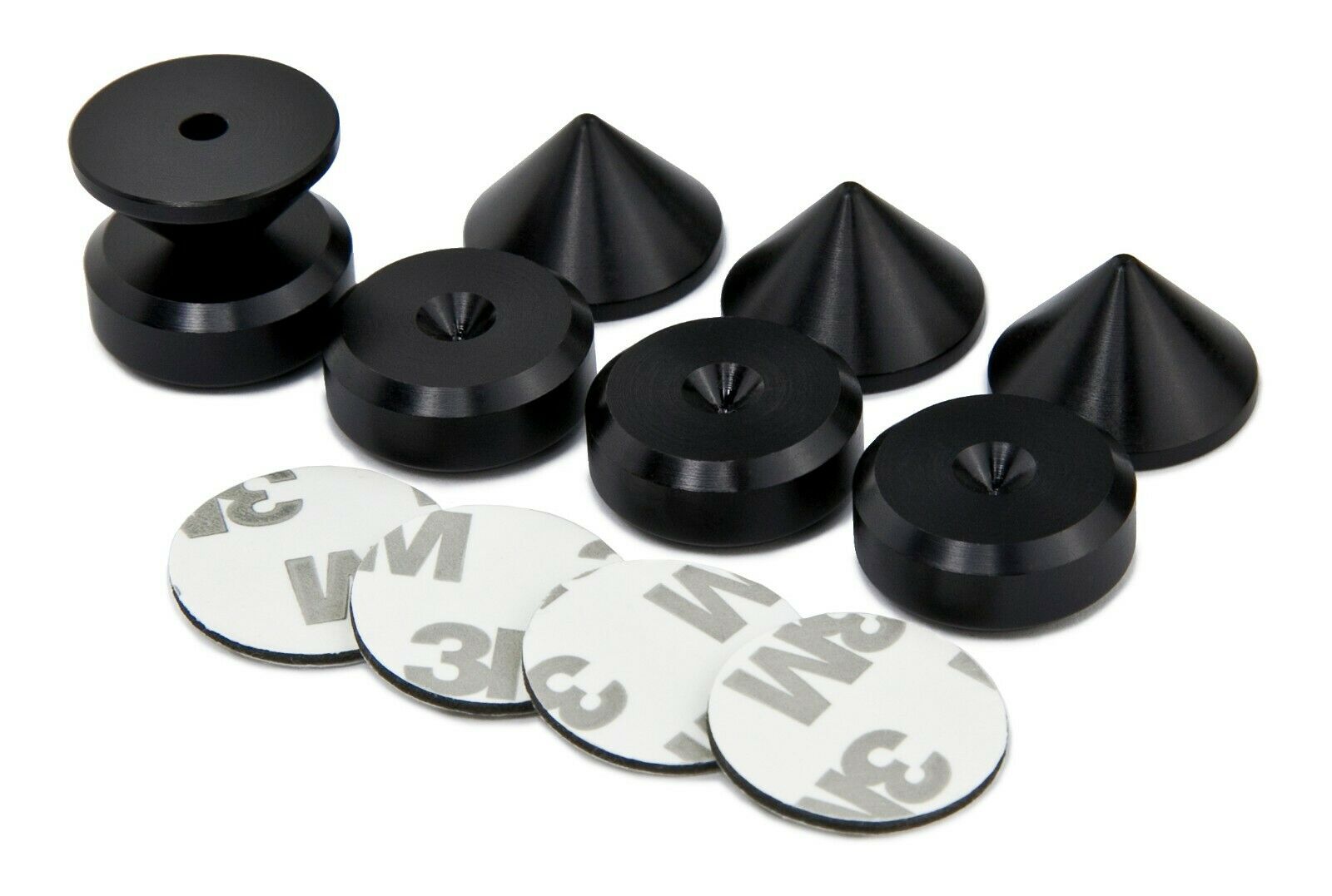 BLACK Speaker Spikes + Spikes Pads Chamfered + 3M Adhesive Pads - Set of 4